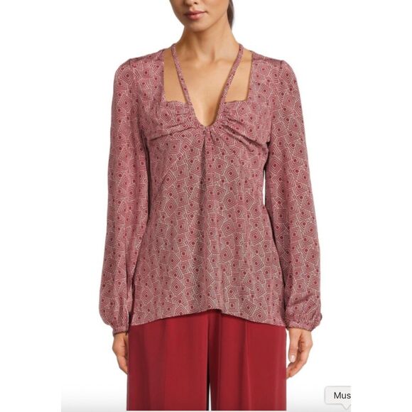 NWT Equipment Femme Arden 100% Silk Geometric Print Blouse in Earth Red Size 6 - Picture 4 of 14